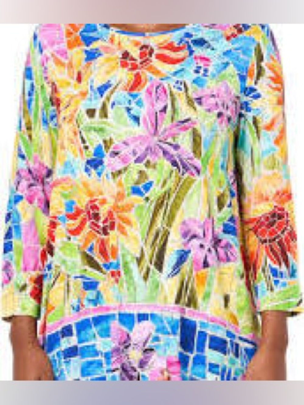 Ali Miles Mosaic Flower Print Popover Tunic Top Blue, Pink, Yellow, Green